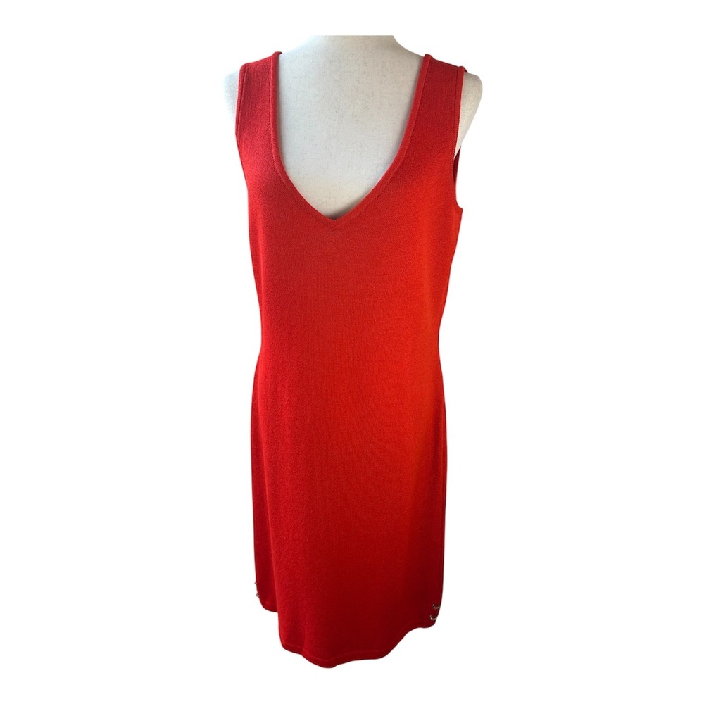 St. John Knits Dress 12 Red/Burnt Orange Santana Knit Sleeveless Gold Hardware